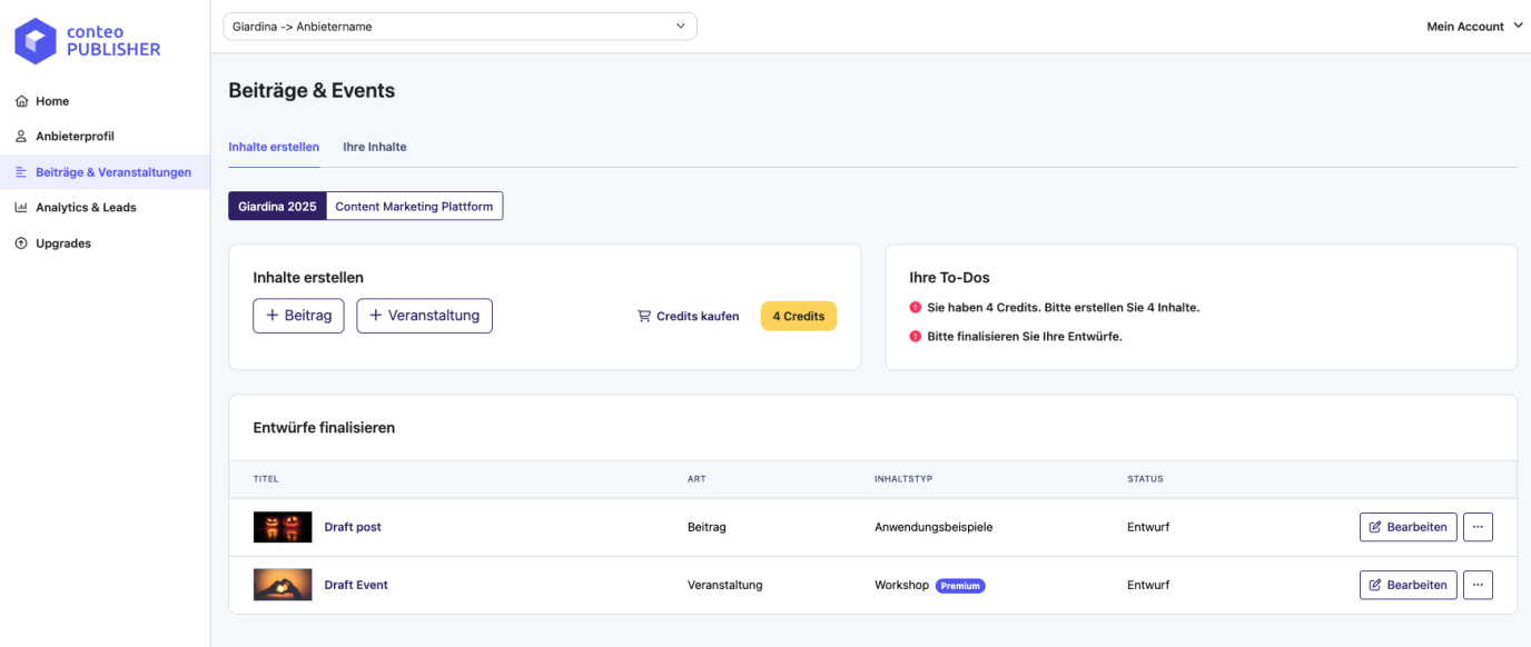 Anbieter Dashboard Inhalte erstellen